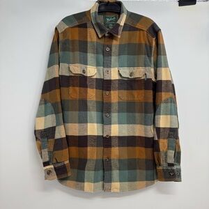 Woolrich Men's Plaid Button Down Shirt - Green, Brown, Tan with elbow patches